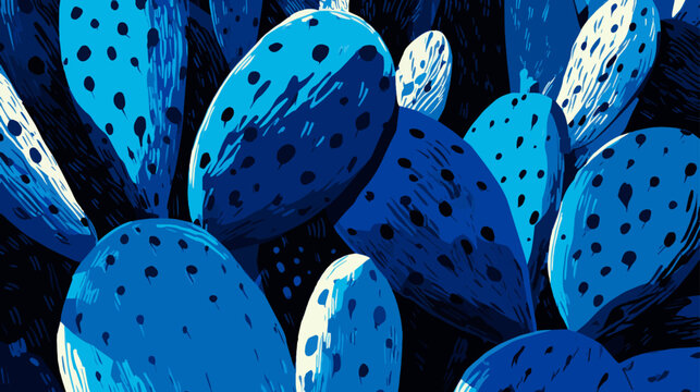 Blue Prickly Pear Cactus Pad Pattern in Graphic Hand Drawn Desert Botanical Illustration Style for Textiles