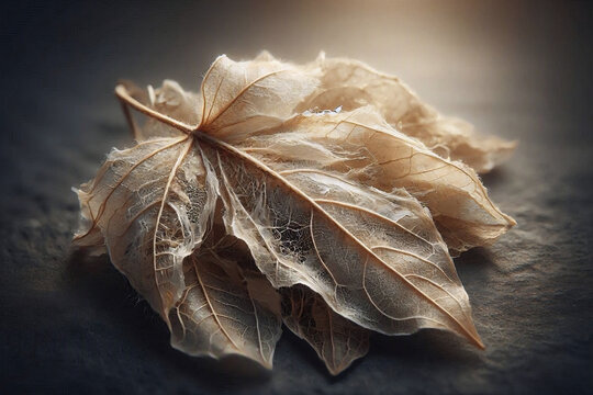 photograph of dark skeleton leaf showing intricate vein network and fiber structure