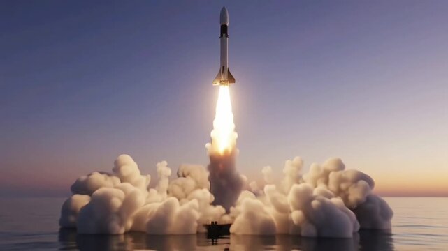 Space Rocket Launching from Offshore Platform during Sunset (Alternative)