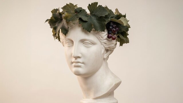Classical marble bust of Dionysus with grape leaf crown. Ancient Greek sculpture of Bacchus. White plaster head with vine leaves.