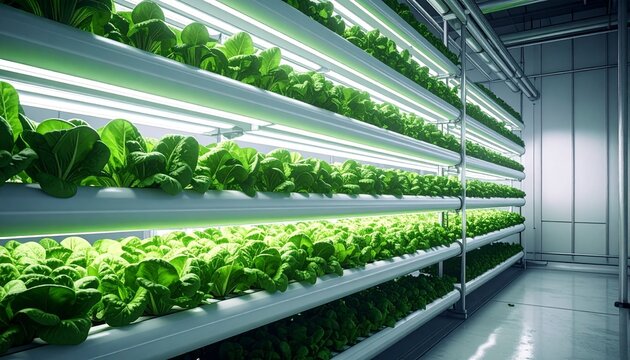 Indoor vertical farm with rows of fresh green leafy vegetables.