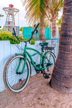 Retro-style green beach cruiser bicycle parked on sand near a palm tree