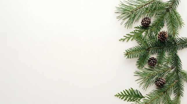 Christmas festive background with pine branches and pine cones on a white wooden surface flat lay