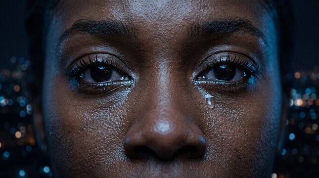 Close up of a young Black woman crying with tears streaming down her face.