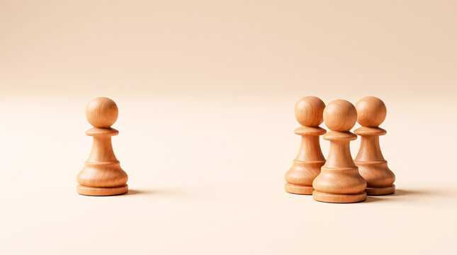 Single wooden chess pawn facing three pawns symbolizing strategy and teamwork