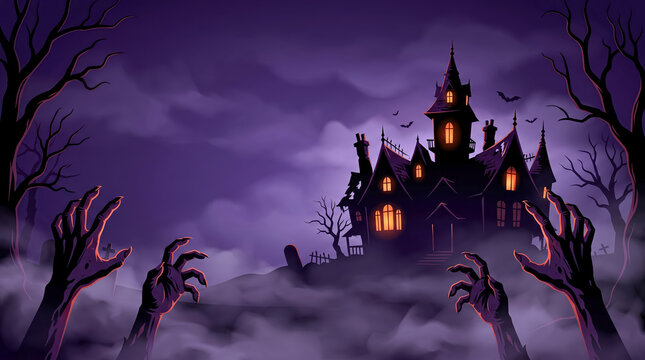 Spooky Halloween haunted house with glowing windows and zombie hands emerging from fog