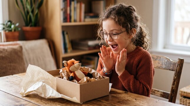 Young girl with curly hair and glasses expresses pure joy and surprise upon receiving a stuffed fox toy in a gift box
