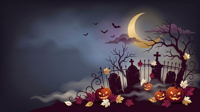 Spooky Halloween cemetery scene with glowing jack-o'-lanterns, bats, and a luminous moon at night