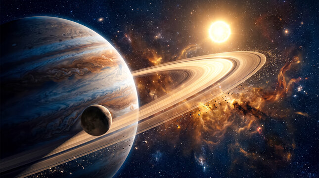 Stunning cosmic scene featuring Jupiter and Saturn with vibrant solar flares and nebula clouds in space