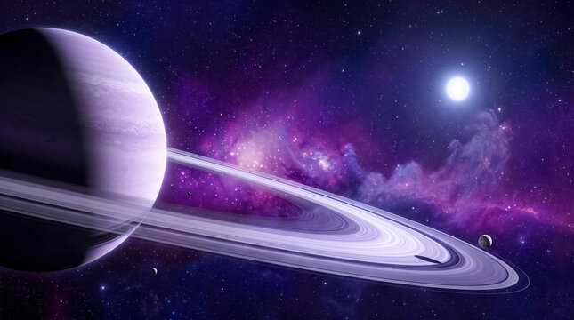 Stunning cosmic scene featuring a ringed planet with vibrant purple nebula and distant stars in space