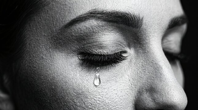 Closeup Black and White of a Woman Crying with a Tear Dropping.