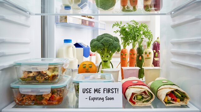 Fresh vegetables and labeled meals inside a well-organized fridge  