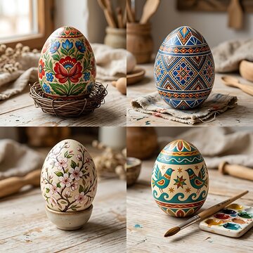 Colorful handcrafted ceramic decorative eggs on wooden surface.