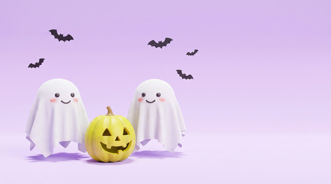 Two friendly cartoon ghosts pose with jack-o'-lantern for Halloween celebration