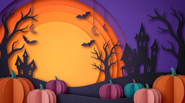 Vibrant Halloween Papercraft Scene with Pumpkins, Bats, and Glowing Moon for Festive Designs