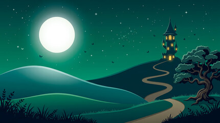 Fototapeta premium Whimsical nighttime illustration of a winding path leading to a magical castle under a full moon
