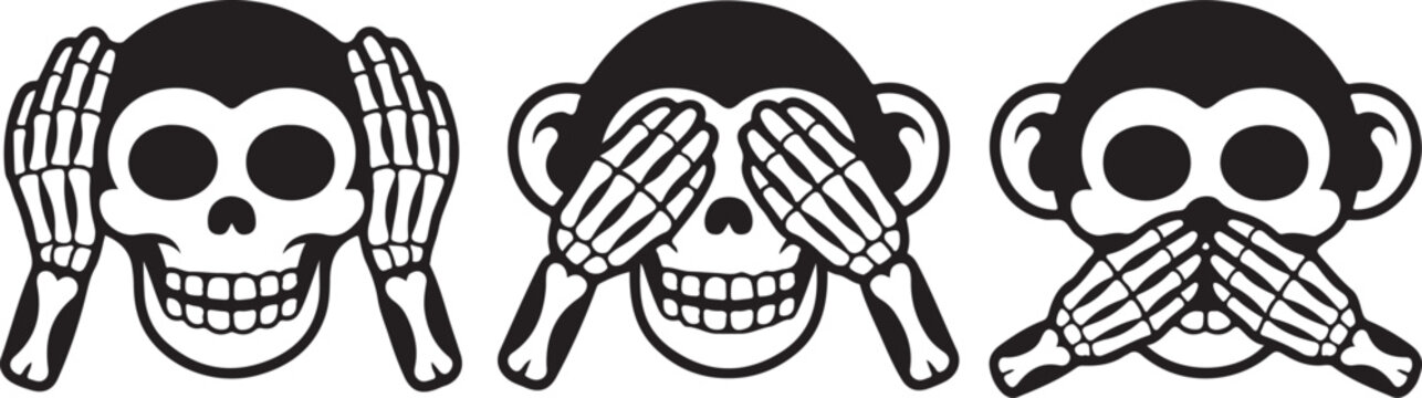 Three wise skulls illustration depicting see no evil hear no evil speak no evil proverb
