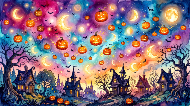 Whimsical Halloween night sky filled with floating jack-o'-lanterns over enchanted village houses