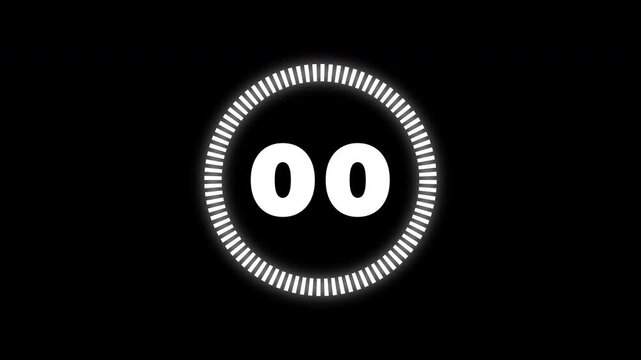 Minimalist white digital countdown timer from 04 to 00 with a circular loading progress bar on black background for easy alpha channel transparency and simple video editing