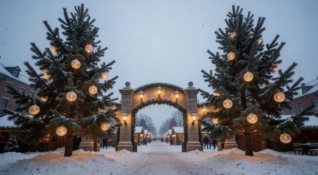 Winter Christmas market scene with towering decorated pine trees flanking a stone archway covered in greenery and lights, set against a snowy, overcast sky.