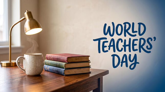 World Teachers Day celebration featuring books, coffee mug, and warm desk lamp for education appreciation