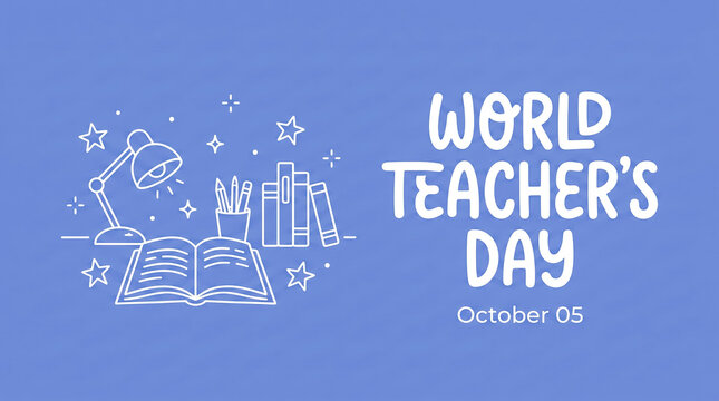 World Teacher's Day celebration graphic with open book, desk lamp, and books on October 5