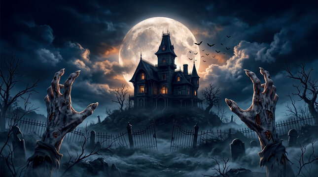 Zombie hands reaching toward a haunted gothic mansion under a glowing full moon at night