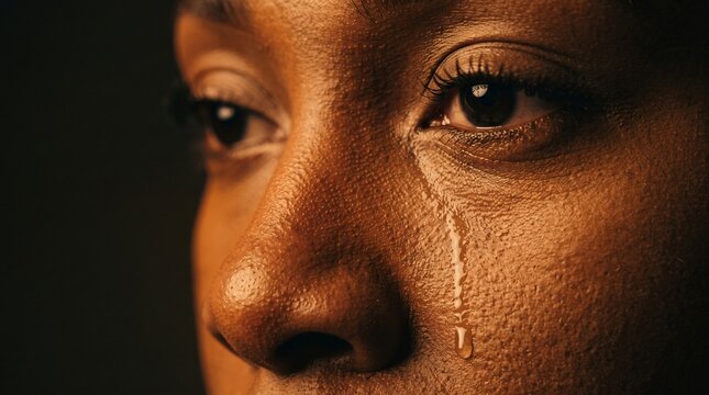 Closeup of a Person Crying with a Tear Rolling Down Their Cheek.