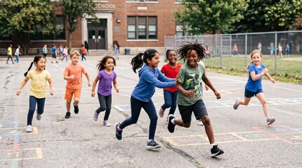 Fototapeta premium Diverse group of elementary school children joyfully running on a playground during recess