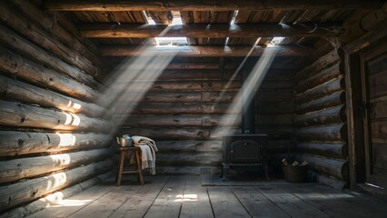 Naklejka premium Sunlight Streams Through Rustic Cabin Windows Creating Warm Ambiance