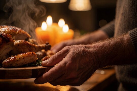 Serving Christmas dinner: Weathered hands present a roasted turkey platter under warm candlelight, creating a cozy, intimate atmosphere.