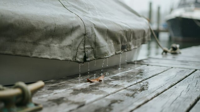 Raindrops Falling From Boat Cover on Wet Dockside in Overcast Weather