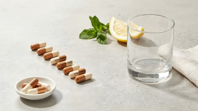 Vitamin Capsules with Lemon and Mint on Gray Background