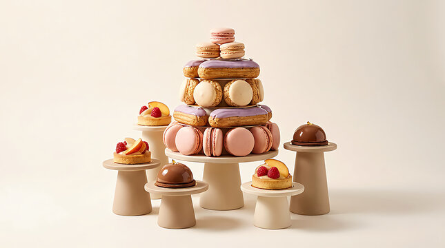 Tower of colorful french macarons and eclairs on wooden stands for a festive party