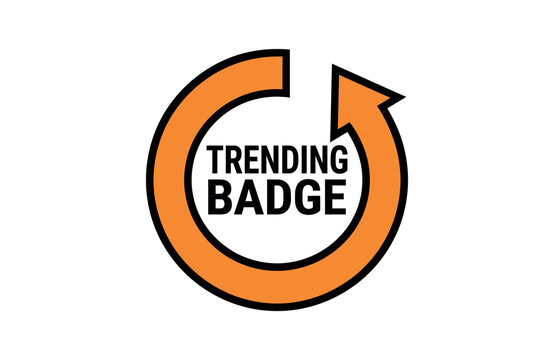 Orange trending badge circle arrow graphic element with popular label hot sign trend tag trending