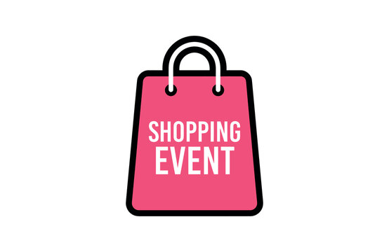 Pink shopping event bag icon with white text retail icon store sign purchase tag market label