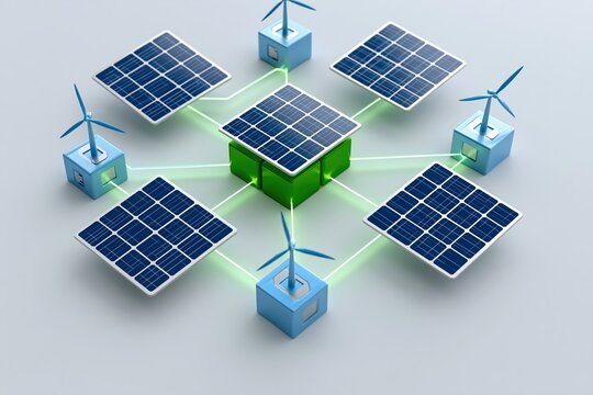 Solar panels and wind turbines connected to central green energy hub