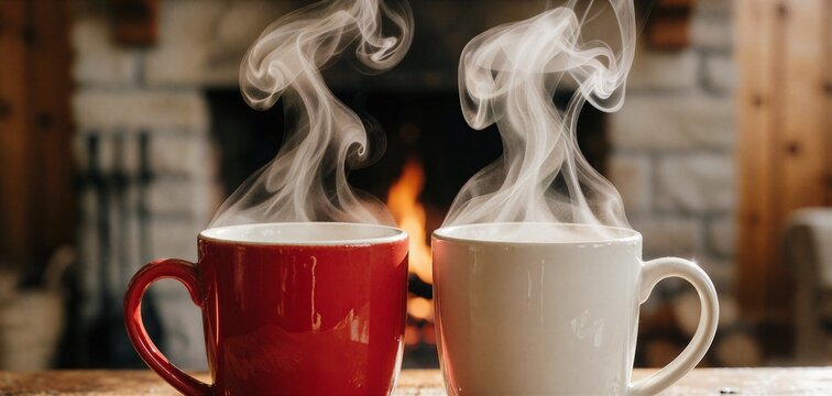 Cozy scene featuring two steaming mugs, one red and one ivory, against a backdrop of a glowing fireplace, perfect for a warm Christmas holiday drink moment.