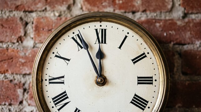 Close up of an antique clock face with Roman numerals showing almost midnight against a brick wall background