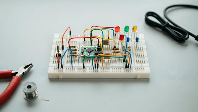 Circuit Board with Components and Tools on a Light Gray Surface