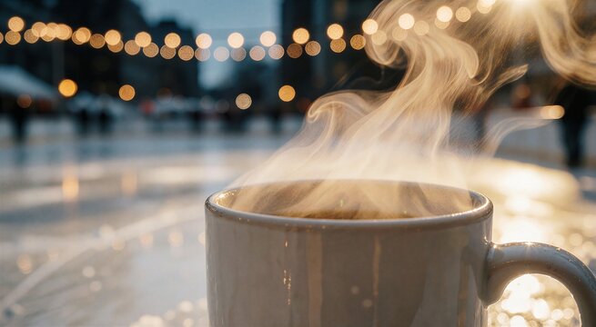 Close-up of a steaming mug on an ice rink, capturing the cozy atmosphere of Christmas holidays with warm light and bokeh.
