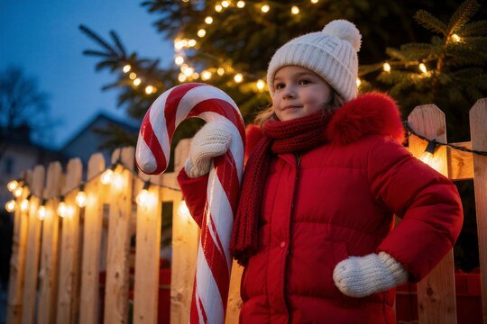 Young girl in red coat poses with a candy cane at twilight, evoking a cozy Christmas holiday feeling.