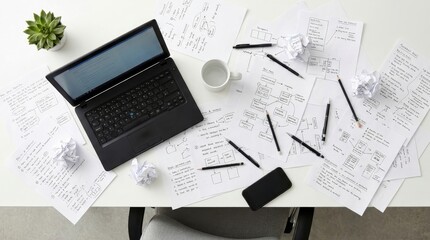 Obraz premium Messy Workspace with Laptop and Paper Sketches for Brainstorming and Creative Project Planning