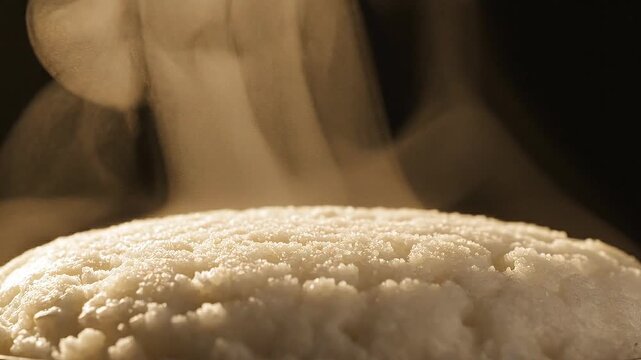 Cinematic Extreme Macro Slow Motion of Steaming Traditional Bangladeshi Winter Dessert Bhapa Pitha