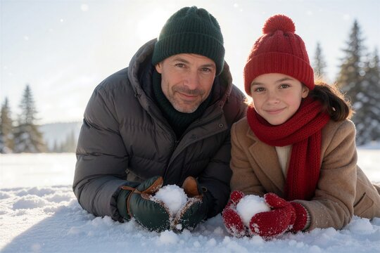 Father and daughter playing in fresh Christmas snow, building a snowball together outdoors in a bright winter landscape.