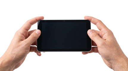 Hands Holding Digital Tablet Blank Screen Mockup Isolated on Black - Mobile Device Gaming and Media Display PNG Cutout © PNG CREATOR