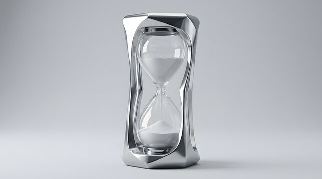 Modern metallic hourglass with flowing white sand in futuristic chrome frame on neutral studio background