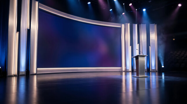 Modern television news studio stage with a large screen and a podium for a presenter