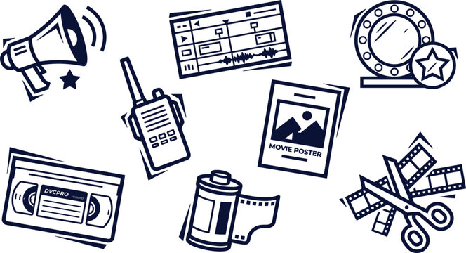 Cinema production and filmmaking line icons set featuring movie editing software timeline vhs tape film strip scissors walkie talkie megaphone and mirror vectors