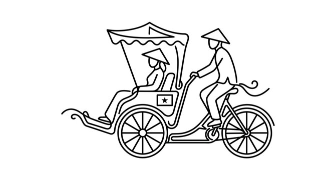 Continuous line art illustration of a traditional cycle rickshaw with driver and passenger